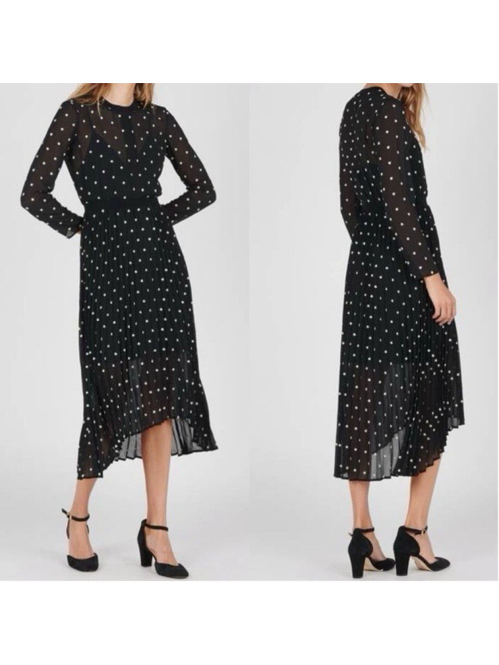 Maje Black Pleated Floral Midi Dress Sheer Long Sleeve Size 2 M